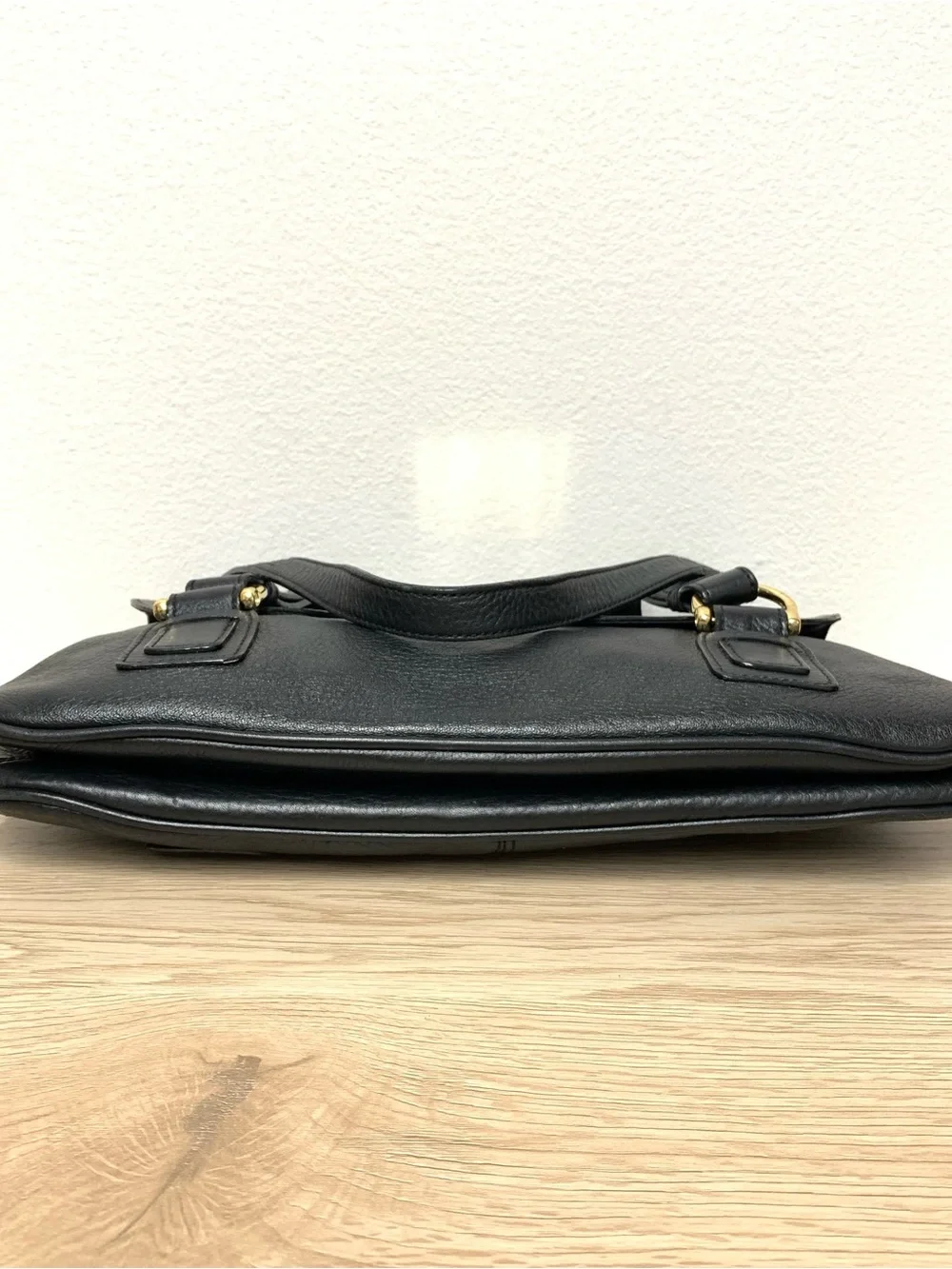 Kate Landry Leather Shoulder Bag Black Gold Hardware Harness Straps Medium
